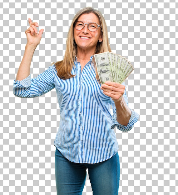 PSD senior beautiful woman pay, buying or money concept