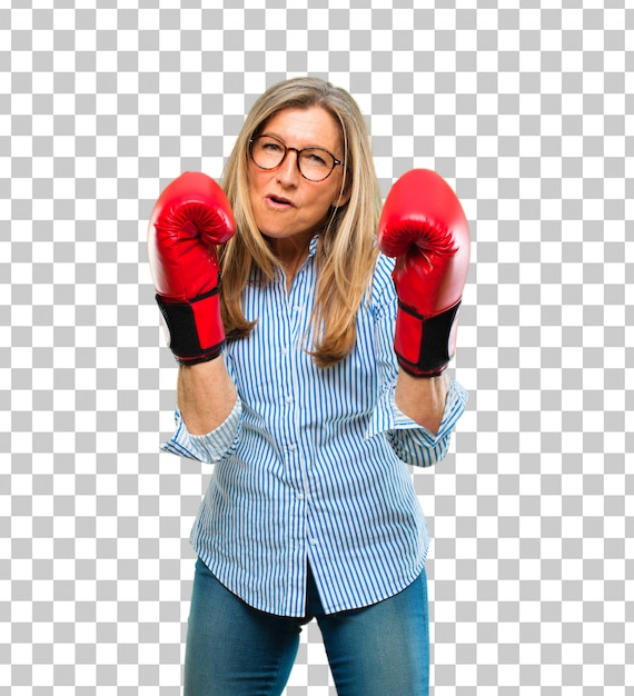 PSD senior beautiful woman wearing boxing gloves