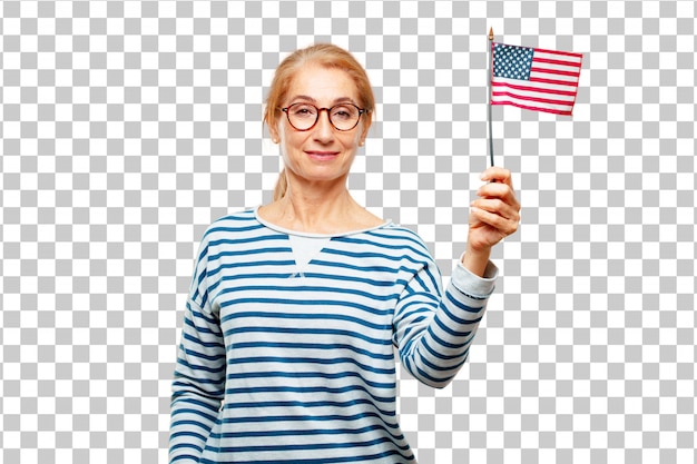 PSD アメリカ国旗を持つシニアの美しい女性