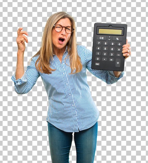 PSD senior beautiful woman with a calculator