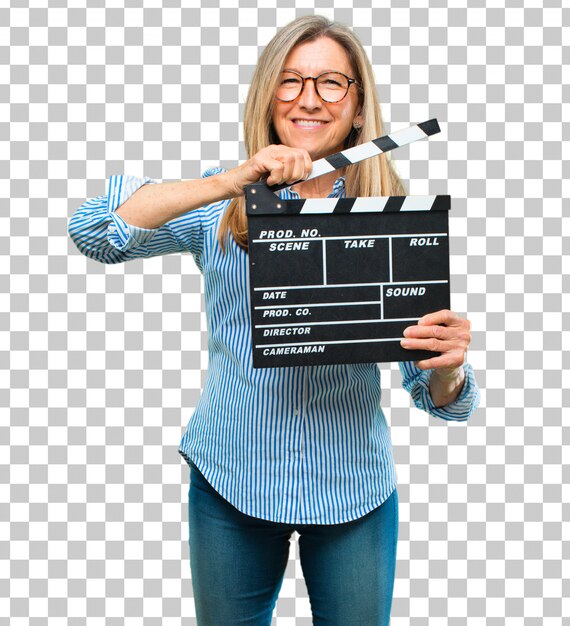 Senior beautiful woman with a cinema clapper