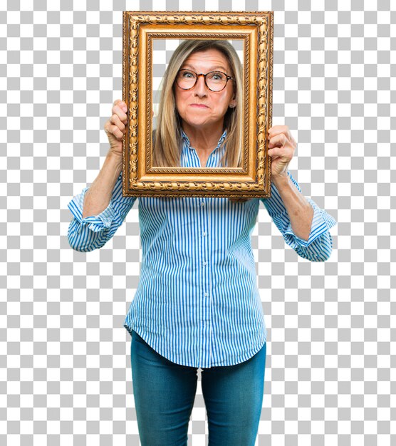 PSD senior beautiful woman with a frame
