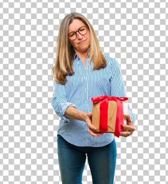 PSD senior beautiful woman with gift box concept