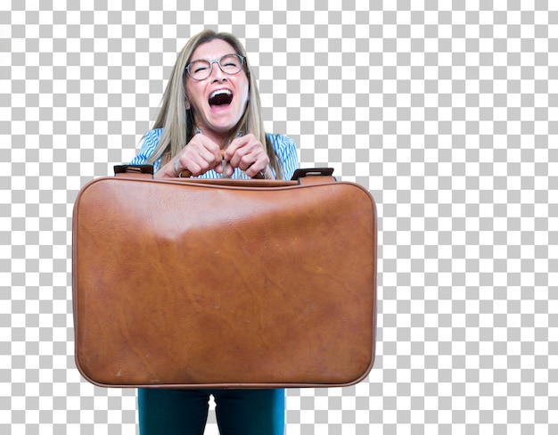 Senior beautiful woman with a leather case luggage