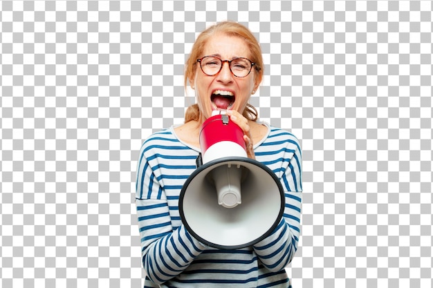 PSD senior beautiful woman with a megaphone