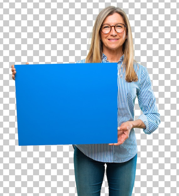 PSD senior beautiful woman with a placard