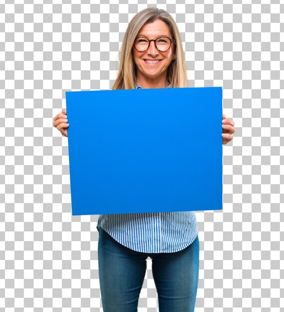 Senior beautiful woman with a placard