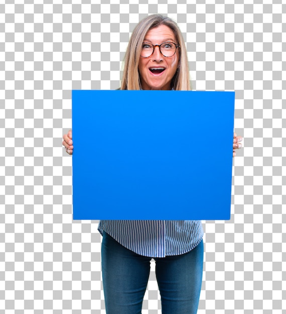 PSD senior beautiful woman with a placard