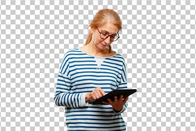 PSD senior beautiful woman with a touch screen tablet