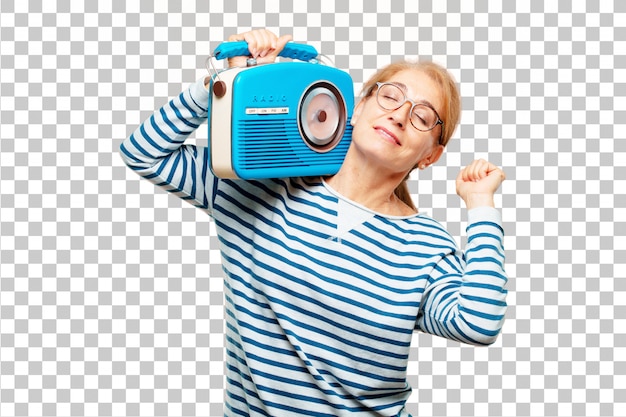 Senior beautiful woman with a vintage radio