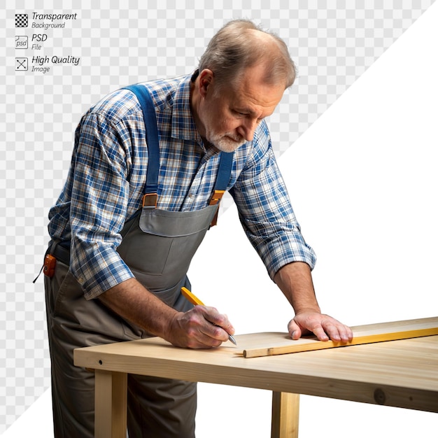 PSD senior carpenter measuring wooden plank with precision