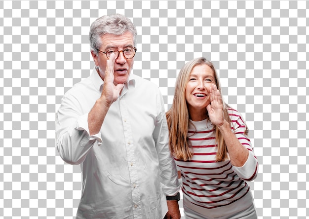 senior cool husband and wife leaning forward and whispering a secret 