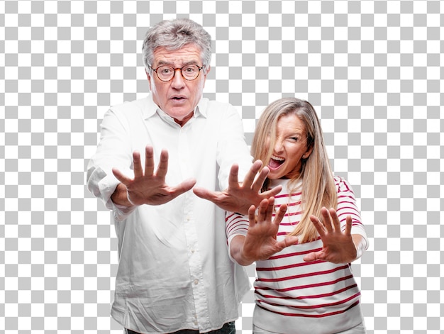 senior cool husband and wife looking scared