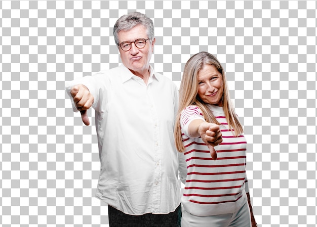 senior cool husband and wife with a dissenting gesture