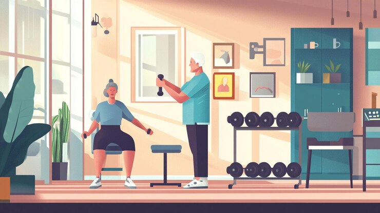 PSD senior couple exercising with dumbbells in home gym assisted by trainer