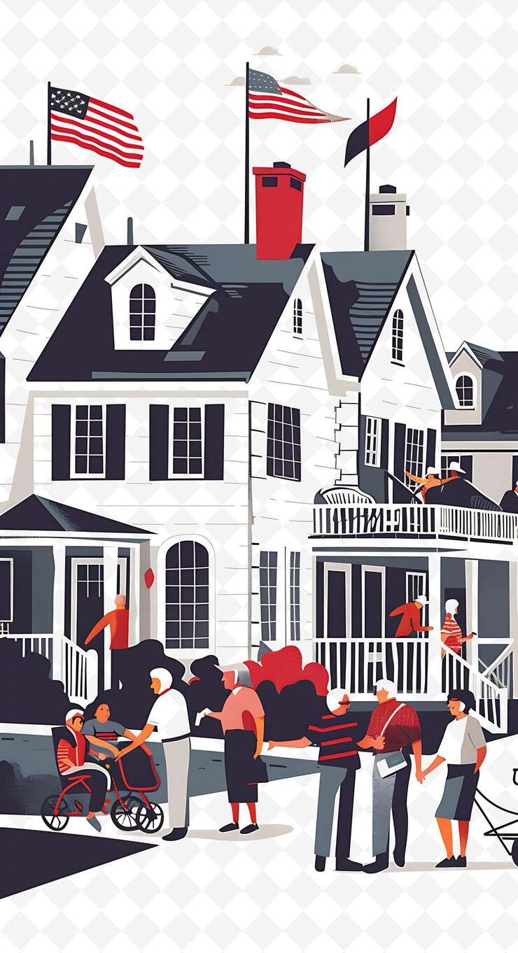 PSD senior living scene with a retirement community and seniors flat illustration poster design