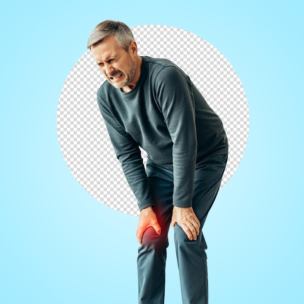 Senior man and holding his painful knee with red inflammation zone