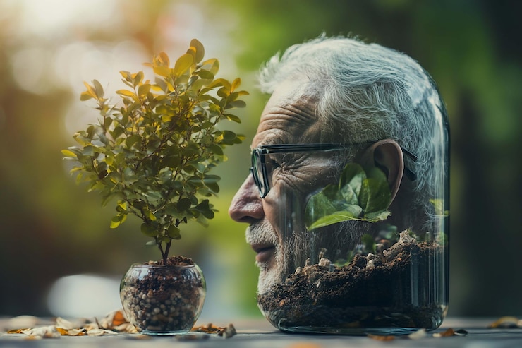 PSD senior man in a jar observing a small plant
