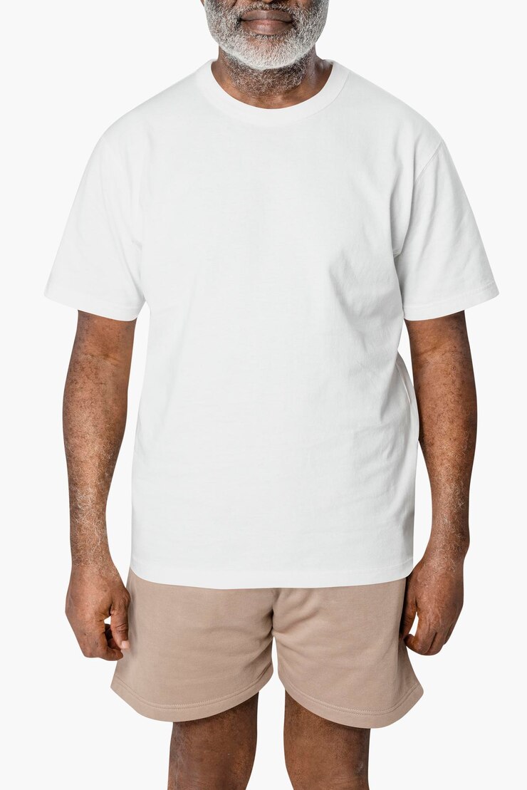 PSD senior man psd mockup in white tee and beige shorts summer apparel