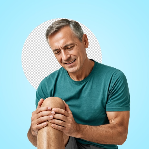 Senior man sitting on the floor and holding his painful knee with inflamation zone