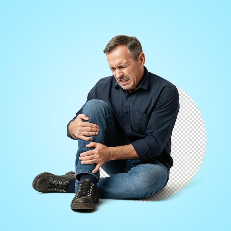 PSD senior man sitting on the floor and holding his painful knee with inflamation zone