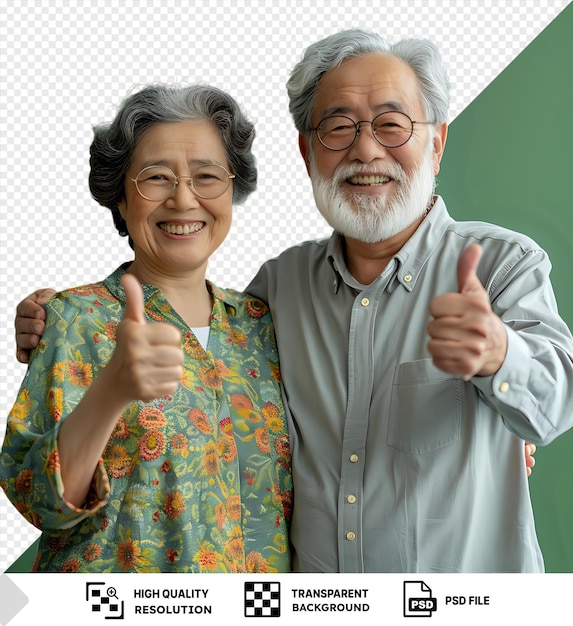senior paar geven een duim omhoog en glimlachen voor een groene muur met de man die een grijs shirt en bruine bril draagt en de vrouw die een bloemen shirt en grijs haar draagt png