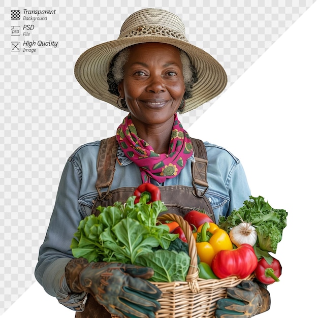 PSD senior woman gardener holding a basket of fresh vegetables