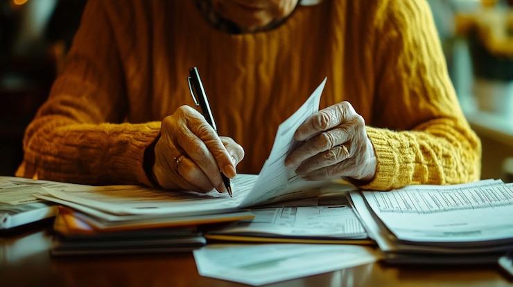 PSD senior woman meticulously reviewing paperwork at a desk