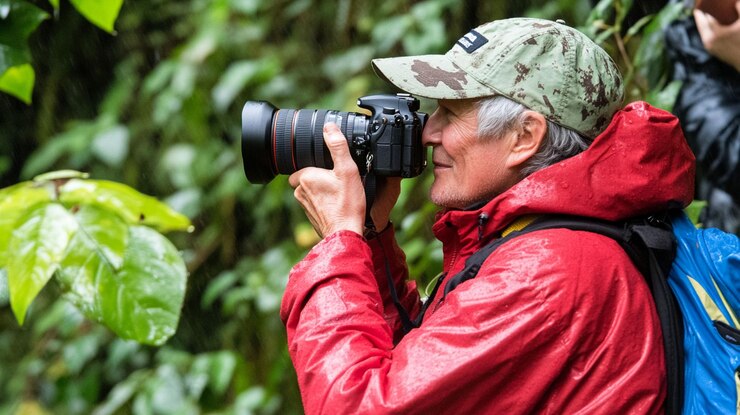 PSD senior woman photographer in red jacket takes pictures in rainforest