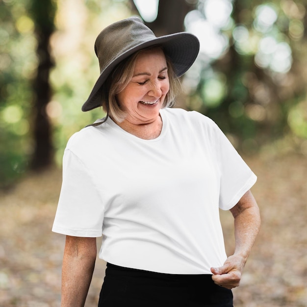 Senior woman tshirt mockup psd ready for an adventure