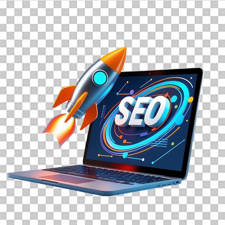 PSD seo boost concept with rocket launching from laptop on transparent background