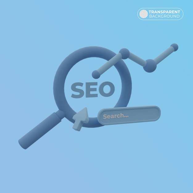 Концепция SEO с увеличительным стеклом и увеличивающимся графиком в 3D-рендеринге