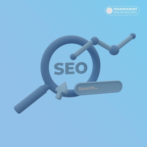 PSD seo concept with magnifying glass and increasing graph in 3d render