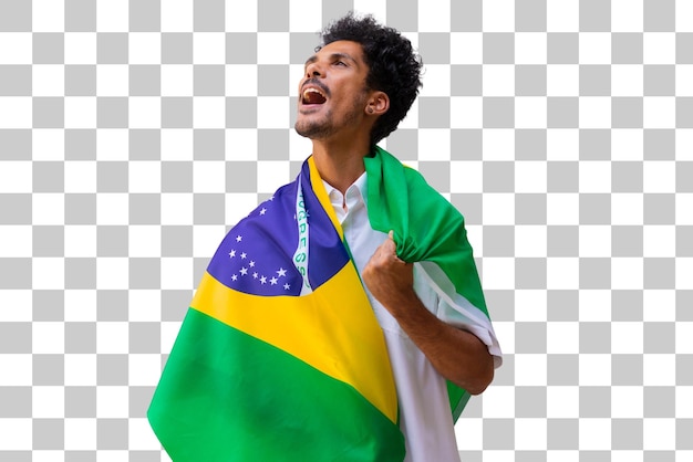 PSD september seven brazil independence day black man holds brazilian flag isolated