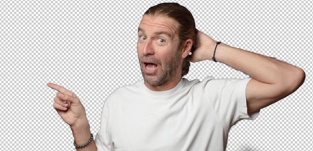 Ser ulykkelig og stresset ut, selvmordsgest med hånd som lager våpen som peker mot hodet