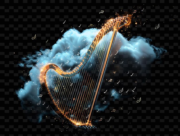 PSD seraphic harp cloud con celestial harp strings e shimmeri neon color shape decor collections