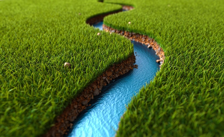 PSD serene 3d render of a river carving through lush green grass