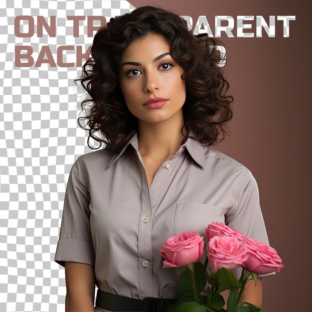 PSD a serene adult woman with curly hair from the southeast asian ethnicity dressed in logistician attire poses in a leaning forward with elbows on knees style against a pastel rose background