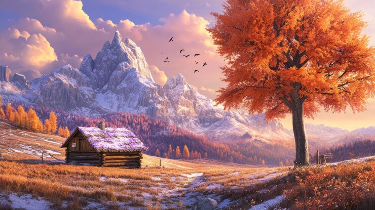 PSD serene autumn landscape with mountains and cabin