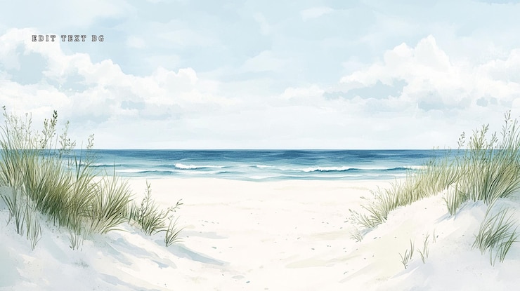 PSD serene beach scene with white sand seagrass and calm ocean under a partly cloudy sky