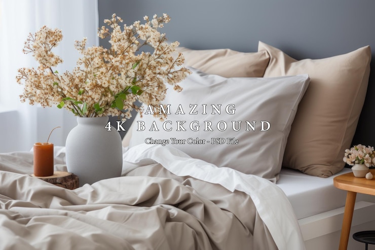 PSD serene bedroom decor beige bedding dried flowers and a candle