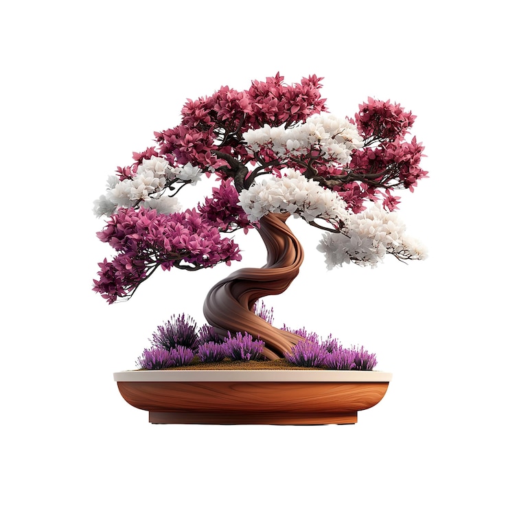 PSD serene bonsai tree with pink and white blossoms in wooden pot
