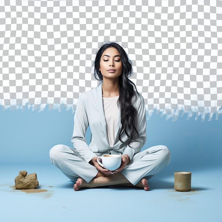PSD serene brew east asian woman in coffee attire poses in cross legged meditation against pastel blue backdrop