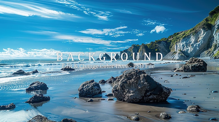 PSD serene coastal landscape with dramatic cliffs and smooth sand