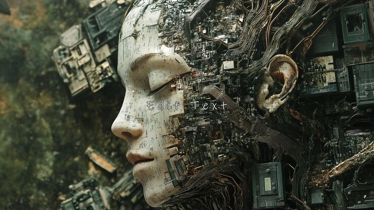 PSD serene cyborg head sculpted from electronics and nature