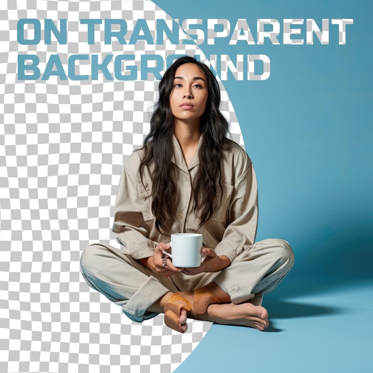 PSD serene east asian young woman coffee brewer in pastel pose