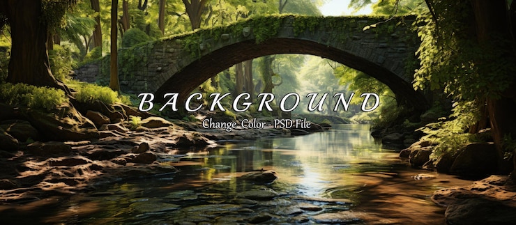 PSD serene forest landscape with ancient stone bridge and tranquil stream flowing through lush greenery and sunlit treetops in natures splendor