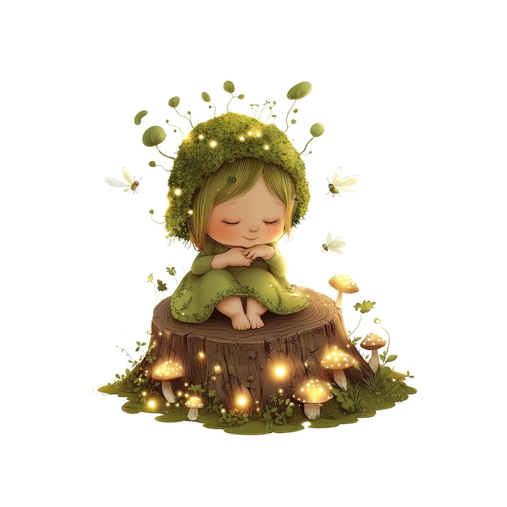 PSD serene forest sprite a little girl dreaming amidst glowing mushrooms and fireflies