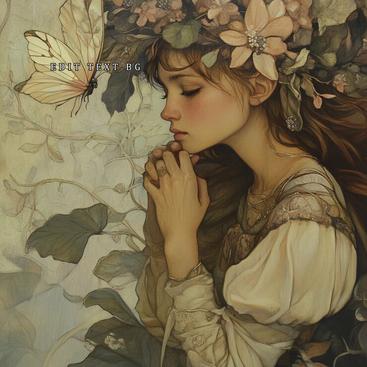 PSD a serene girl with flowing auburn hair adorned with a floral crown a butterfly nearby and hands clasped in prayer