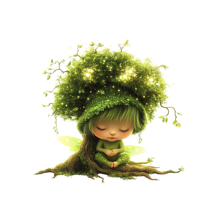 PSD serene green fairy meditating under a luminous tree